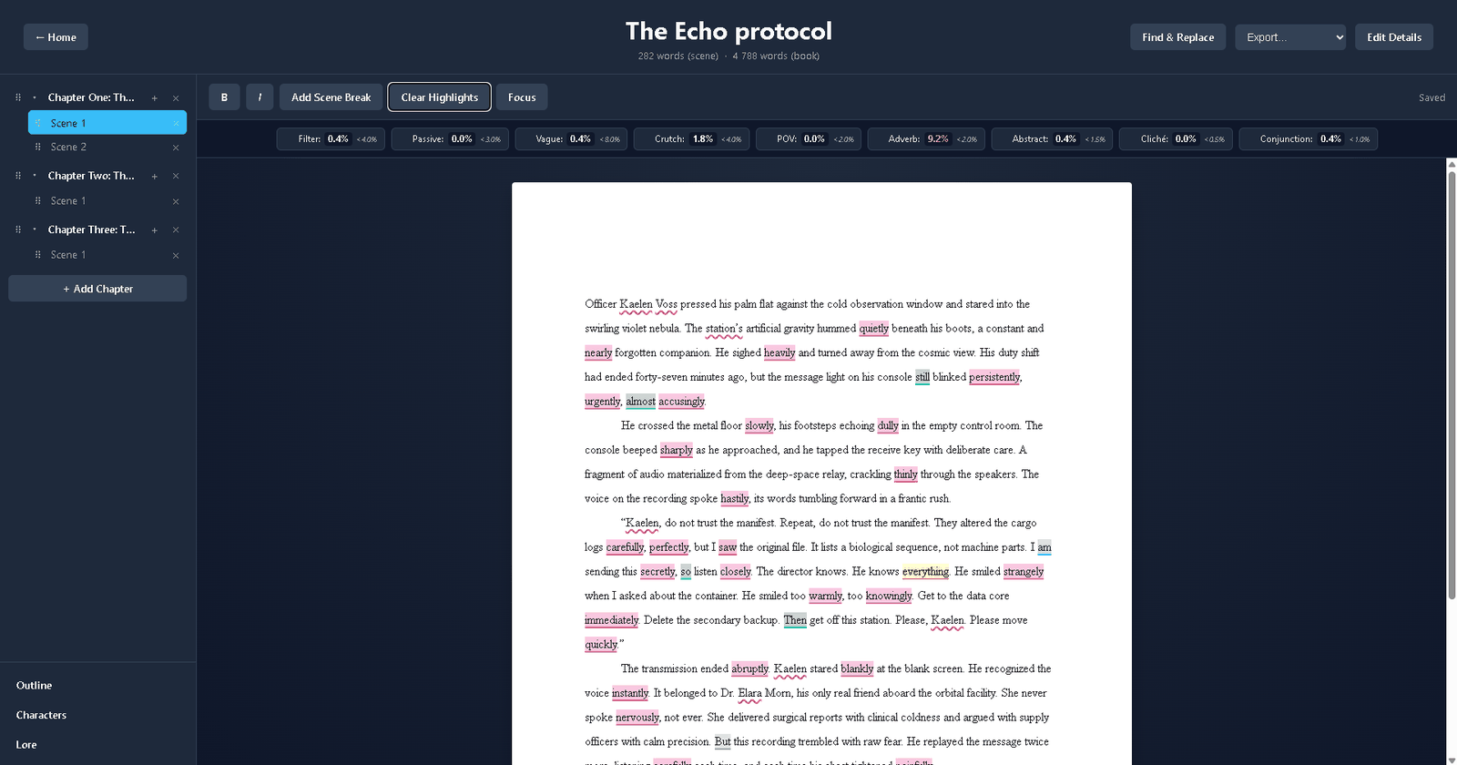Quillen manuscript editor with Analyze Document highlighting filter words, passive voice, and clichés